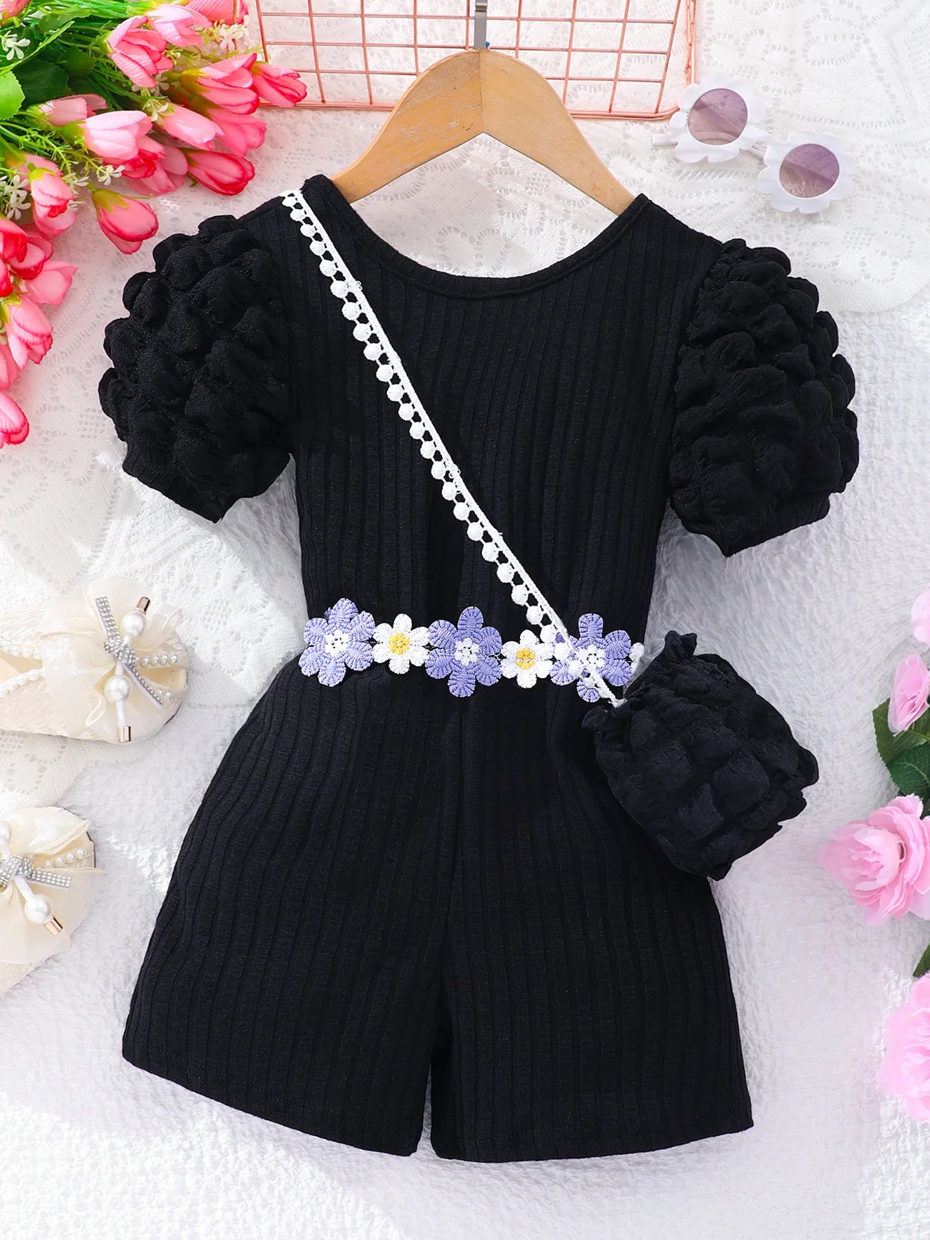 Solid Color Flower Belt Cartoon Cute Bubble Sleeve