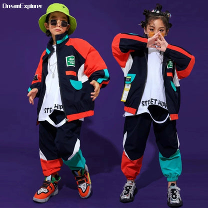2 Pcs Boys/Girls Hip Hop Contrast Jacket Loose Pants