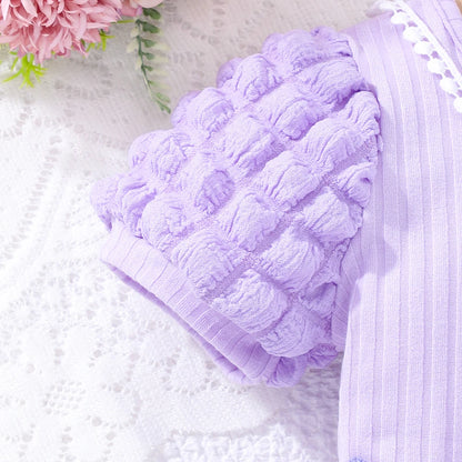 Girls Bubble Sleeve Ribbed Short Romper Set