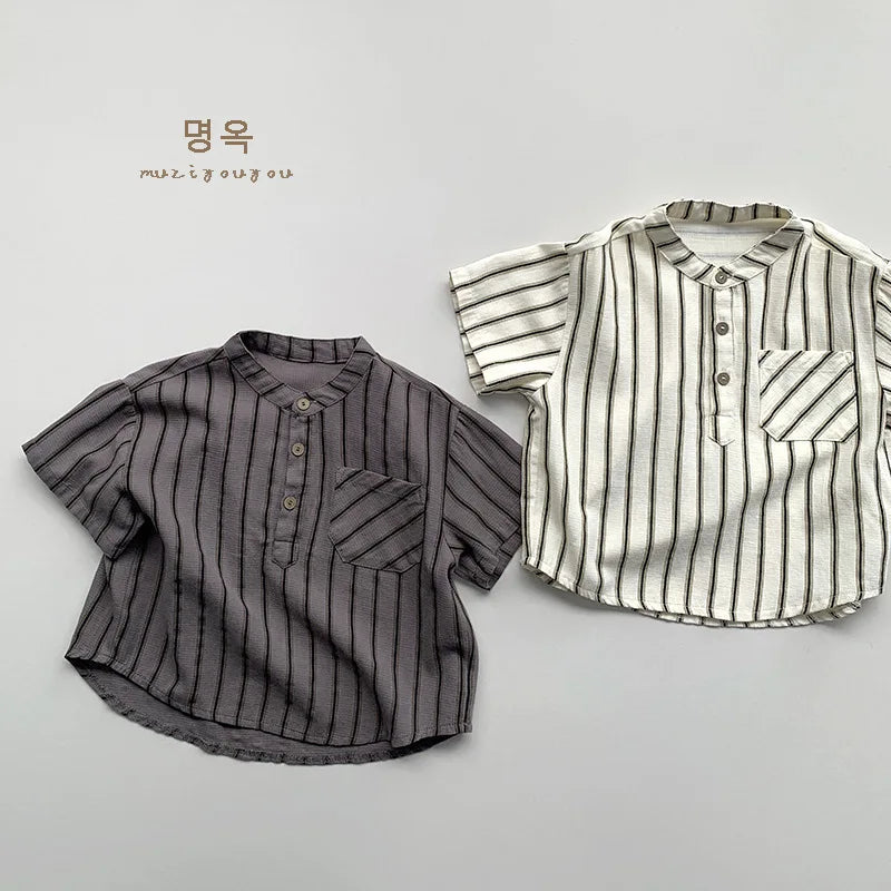 Boys Cotton Striped Pocket Casual Short Sleeve
