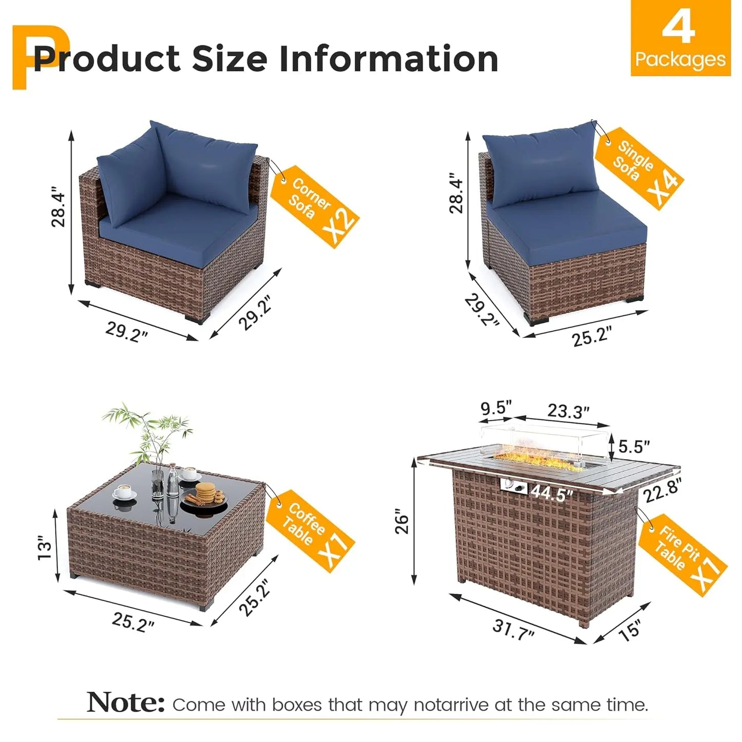 8 Piece Sectional Sofas, All-Weather With Fire Pit