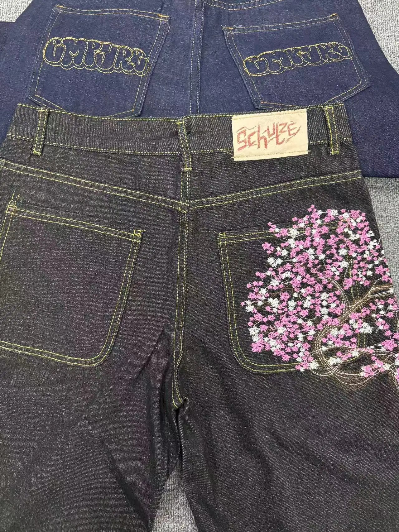 Embroidered Straight Short Denim Wide-Leg Jeans