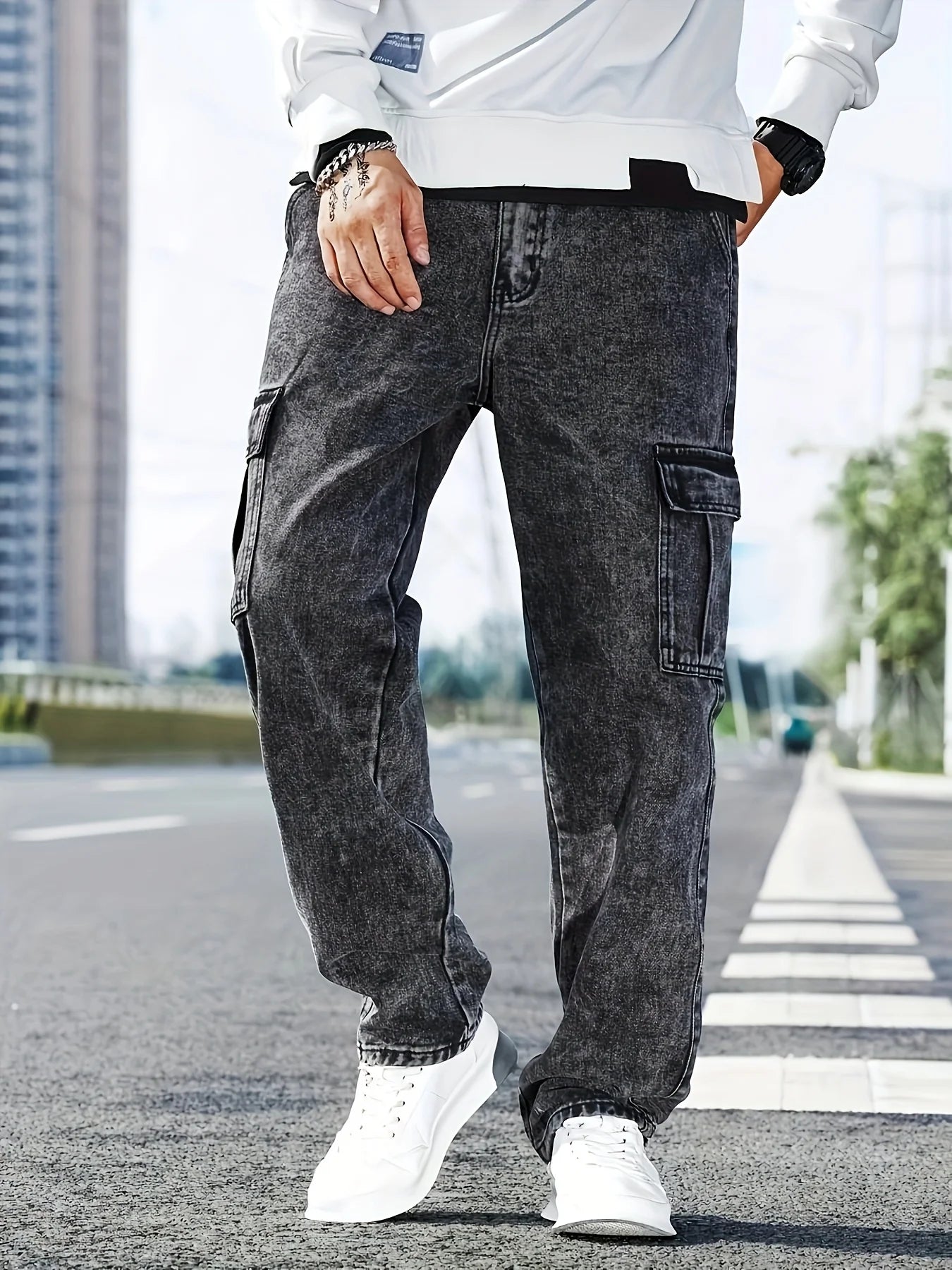 Fashionable Men's Denim Washed Workwear Jeans