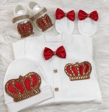 4 Pcs Boy/Girl Rhinestone Crown Jumpsuit Clothing