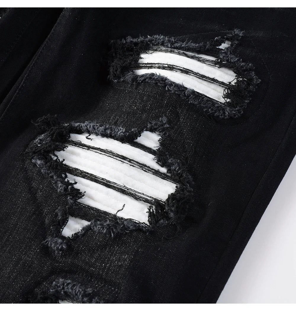 Men's White Pleated Patch Denim Jeans Streetwear