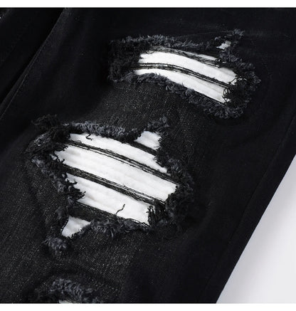 Men's White Pleated Patch Denim Jeans Streetwear