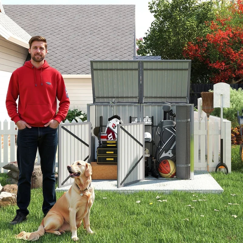 Outdoor Garbage Bin Shed with 54 cu ft Storage, Stainless Galvanized Steel, Grey, for Garden Yard Use