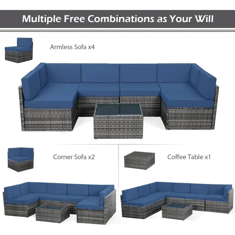 7 Piece Rattan Gray Wicker Outdoor Sectional Furniture Set