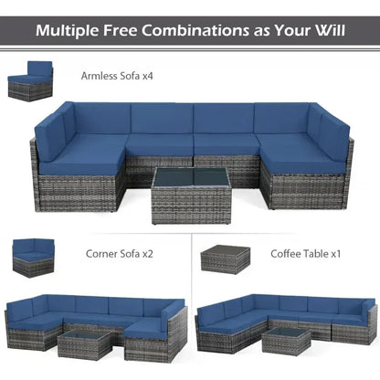 7 Piece Rattan Gray Wicker Outdoor Sectional Furniture Set
