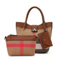 Genuine Leather Canvas Bag Plaid Pattern Women's