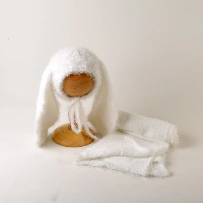 Vintage Knit Stretch Fuzzy Wrap And Bunny Hat