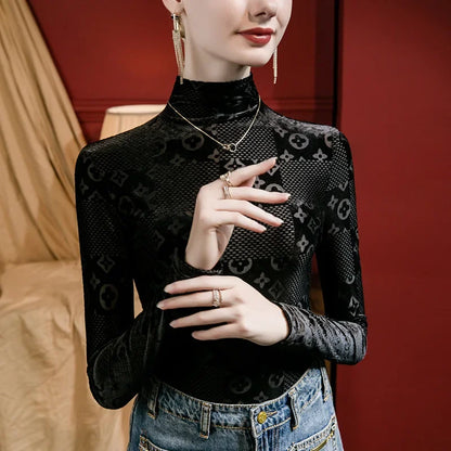 Women Print Flocking Sexy Casual Blouse