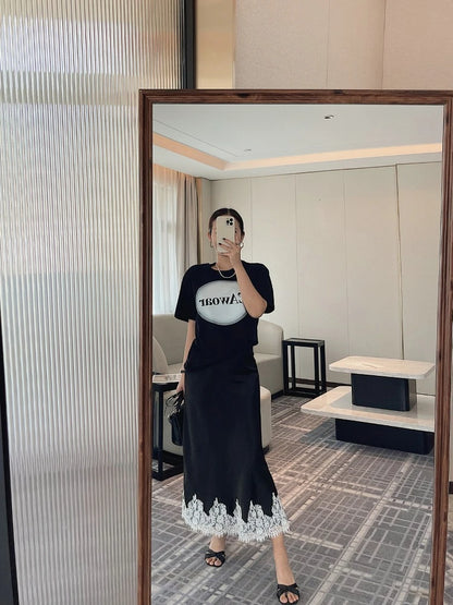 Satin Lace Patchwork Midi Skirt Elegant Women