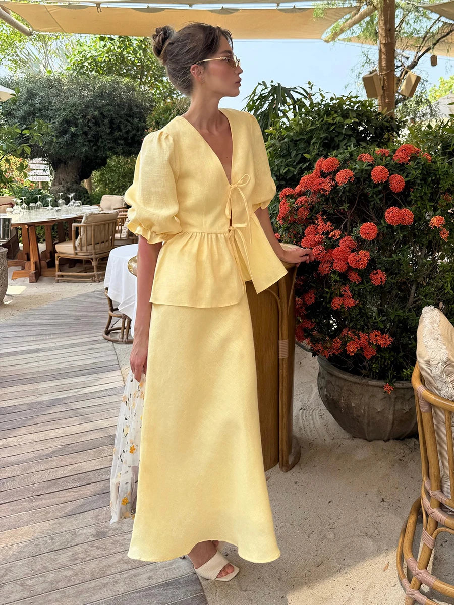 2 PCS V-Neck Lace-Up Bubble Sleeve Shirt  Long Skirt
