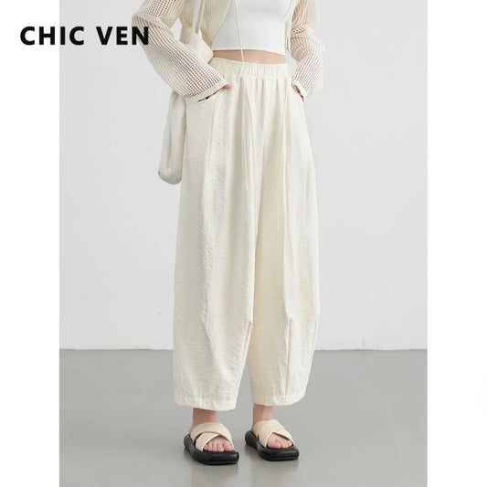 White Pants Casual Elastic High Waisted Womens