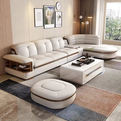Luxury L-Shaped Genuine Leather Sectional Sofa Set