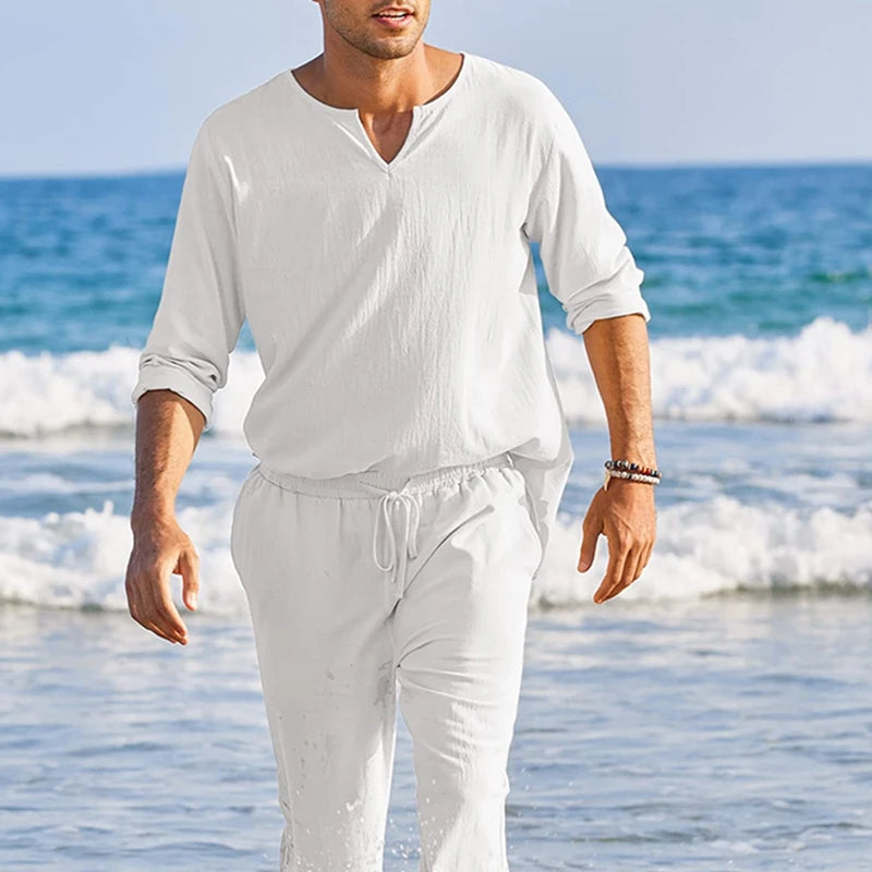 2 Pcs Men Henley Shirt Elastic Waist Drawstring Pants