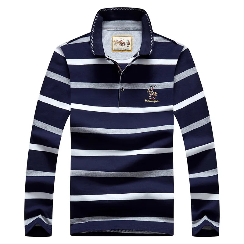 Men Polo Shirt Cotton Long Sleeve Stripe