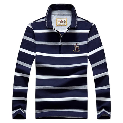 Men Polo Shirt Cotton Long Sleeve Stripe