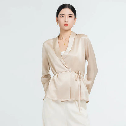 Real Silk Woman Blouses Lace-Up V-Neck