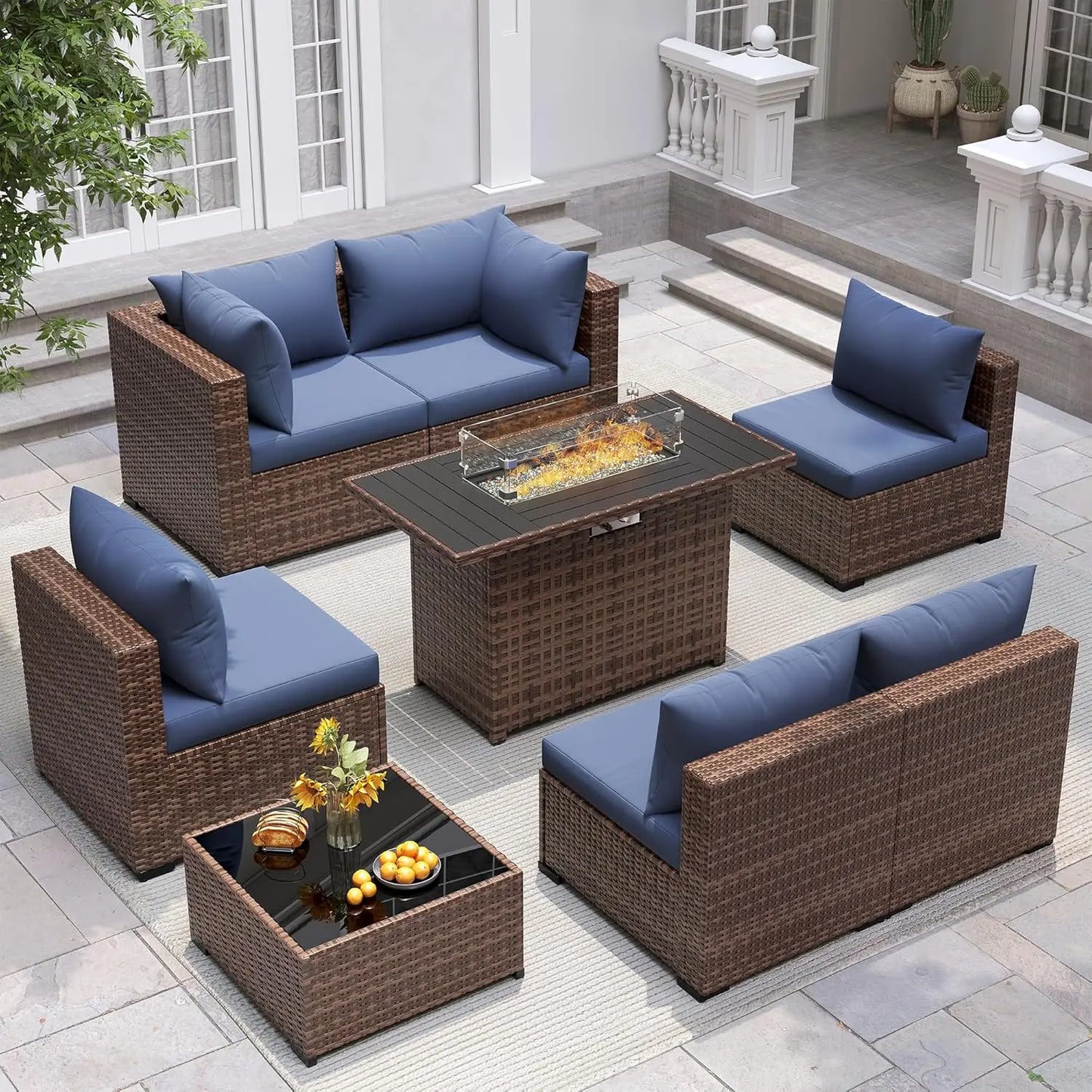 8 Piece Sectional Sofas, All-Weather With Fire Pit