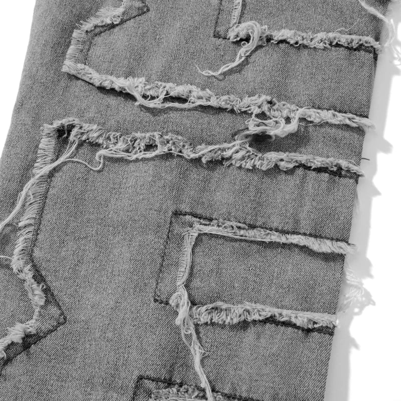 Men Skinny Pants Vintage Patch Frayed Denim