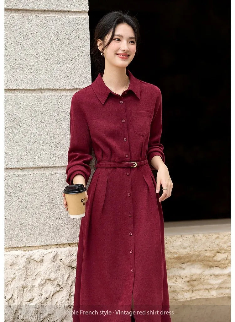 Woman Red Long Dress French Style Vintage