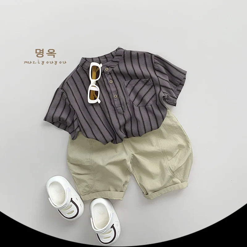 Boys Cotton Striped Pocket Casual Short Sleeve