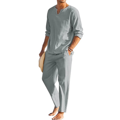2 Pcs Men Henley Shirt Elastic Waist Drawstring Pants