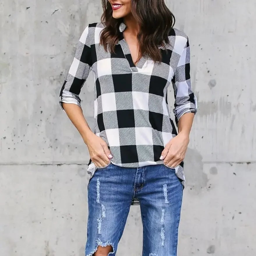 Fashion Plaid V-neck T-Shirt Woman Casual Shirt