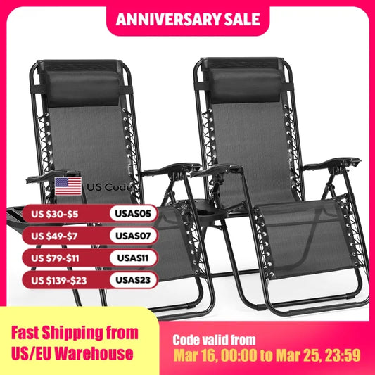 2 Pcs Zero Gravity Portable Recliner Lounge Chair Adjustable