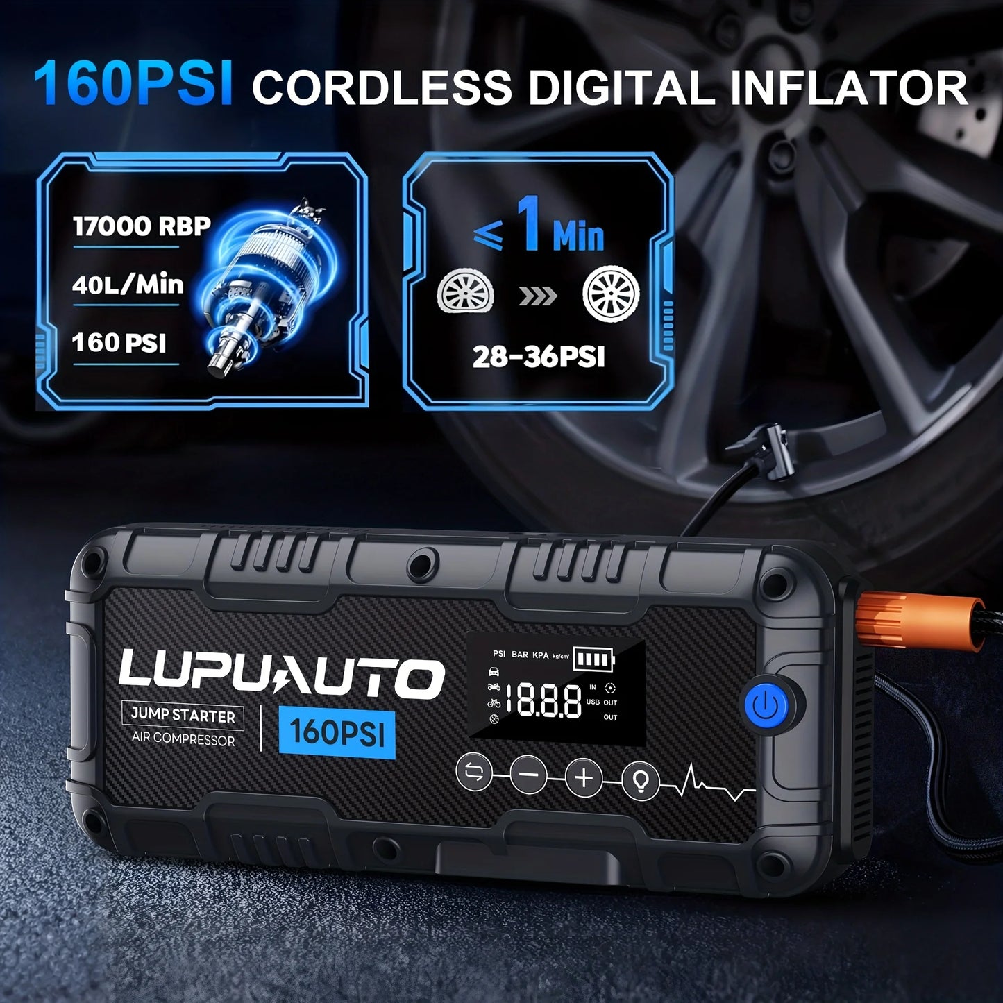4 In 1 Car Jump Starter, Tire Inflator Pump Compressor