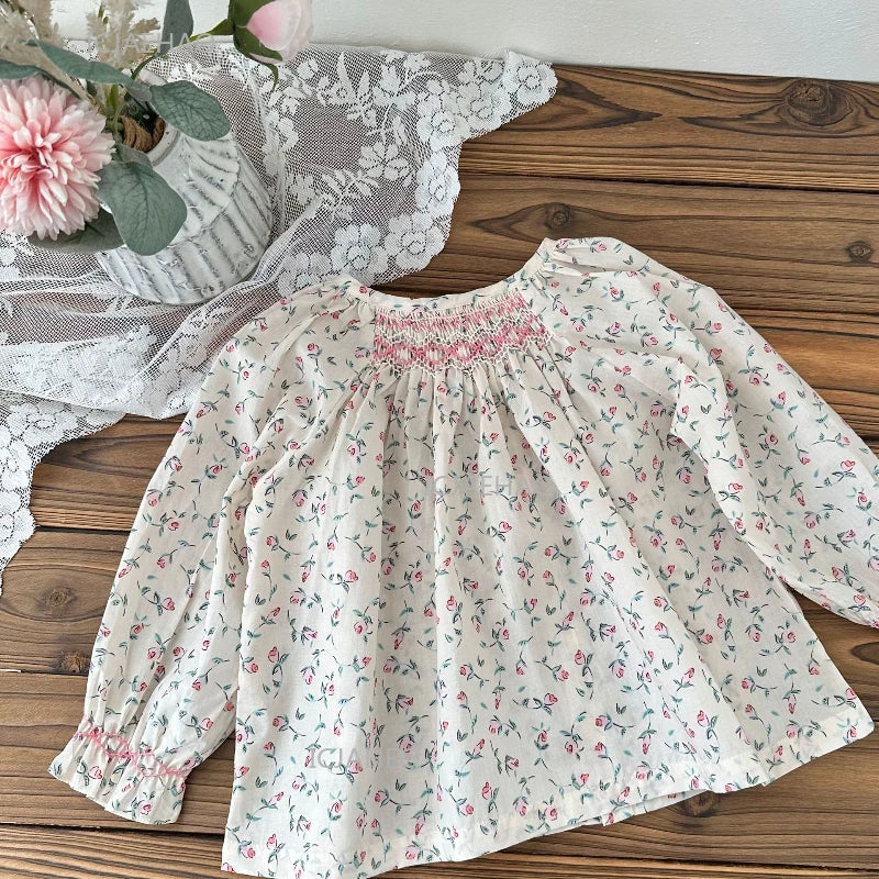 Girls Printed Hand Smocked Blouse Cotton Shirt