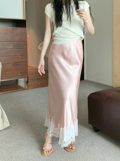 Satin Lace Patchwork Midi Skirt Elegant Women