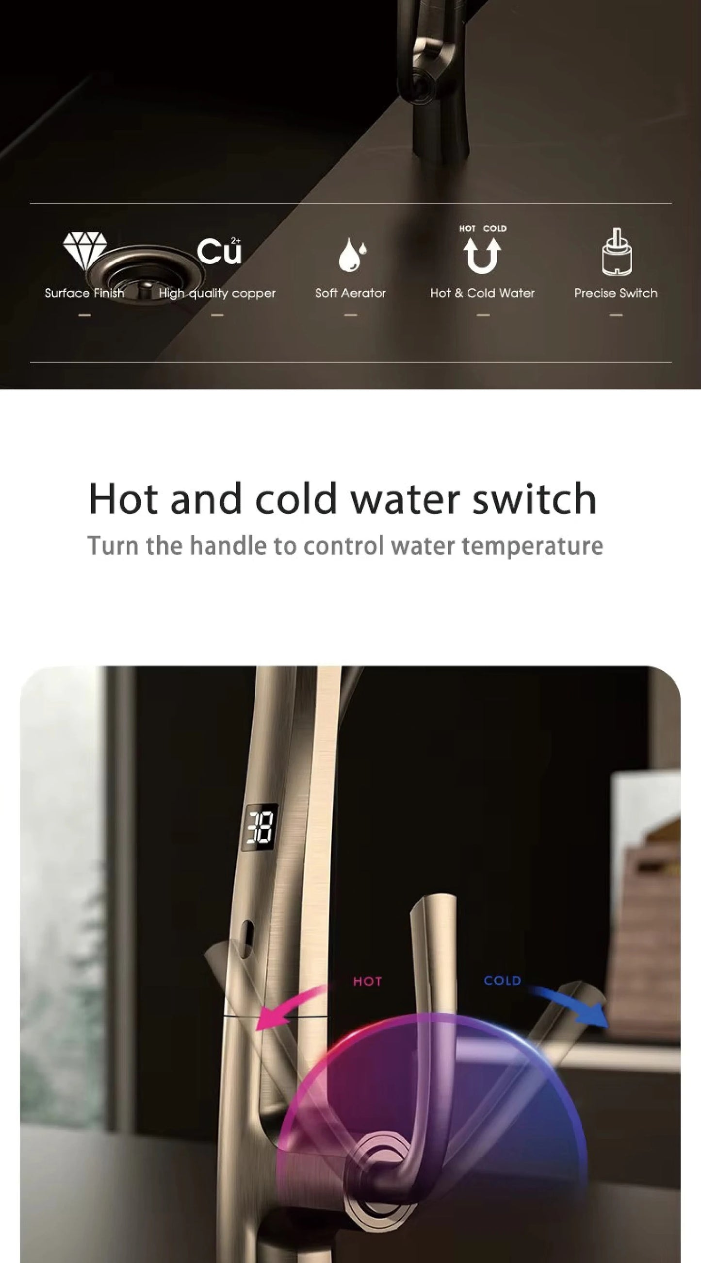 Gunmetal Brass Kitchen Faucet with LED Display