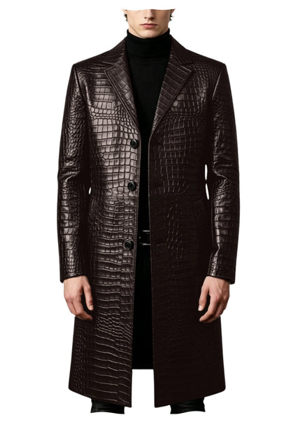 Men's Crocodile Leather Trench Coat Luxury Long