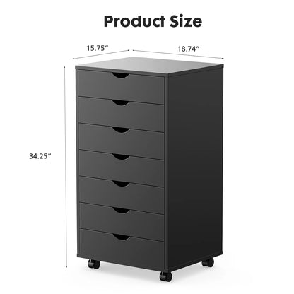 7 Drawer Storage Cabinet Wooden Mobile Rolling Cabinet