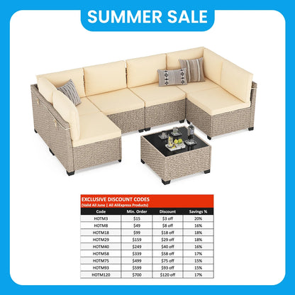 7-Piece Outdoor Rattan Sectional Sofa with Tempered Glass