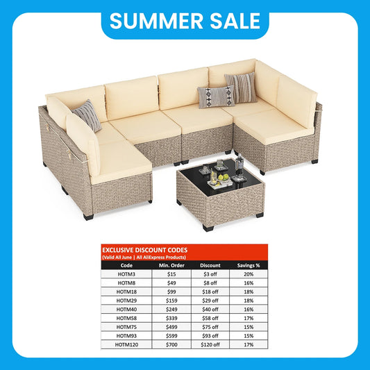 7-Piece Outdoor Rattan Sectional Sofa with Tempered Glass