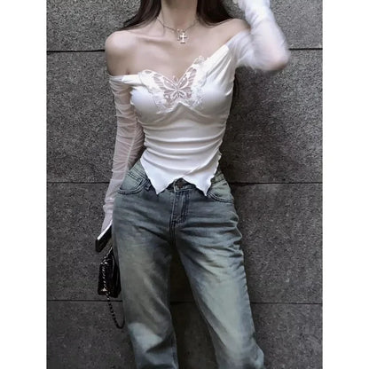 Off Shoulder Women Aesthetic Butterfly Cropped Tops
