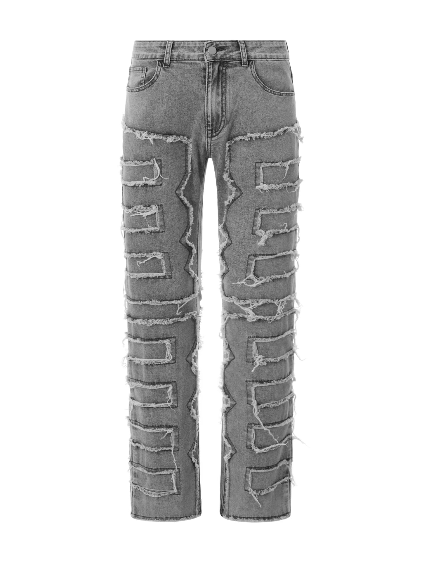 Men Skinny Pants Vintage Patch Frayed Denim