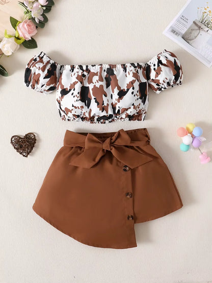 2PCS Girl Summer Clothes Set Off Shoulder Leopard