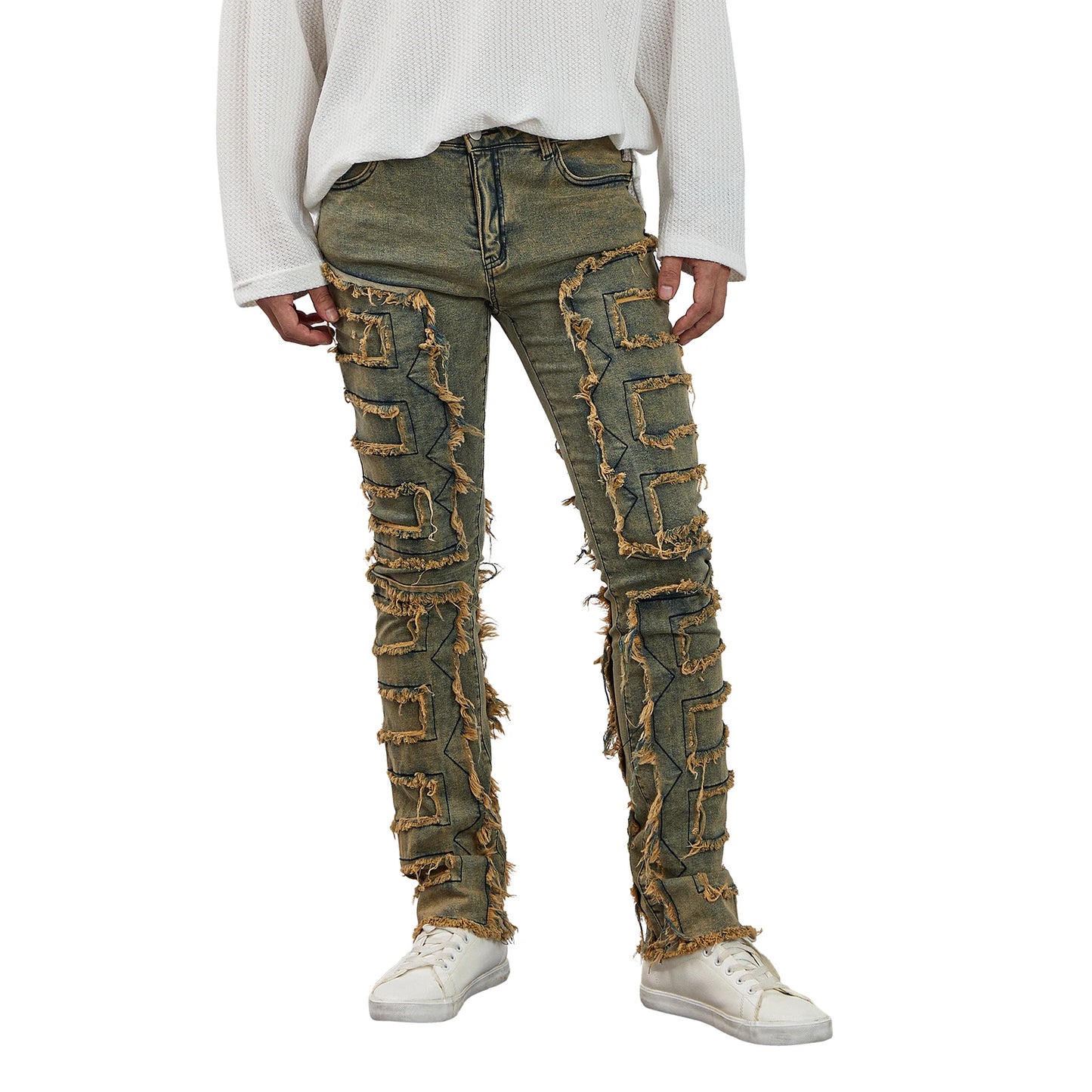 Men Skinny Pants Vintage Patch Frayed Denim