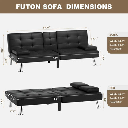 Leather Futon Couch with Removable Armrests
