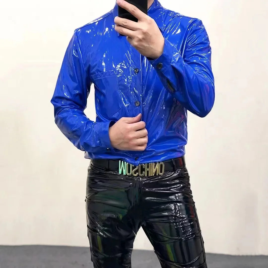 Men's Shiny Leather Casual Color Button-Down
