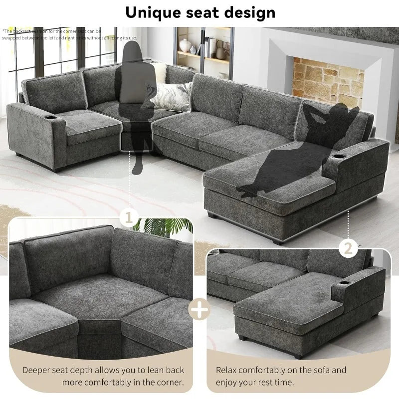 Modern U-Shaped Oversized Chaise Lounge, Cup Holders