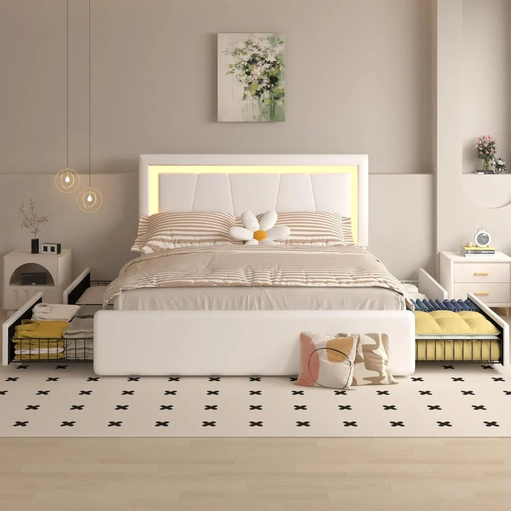 Upholstered Platform LED Bed with Type-C&USB
