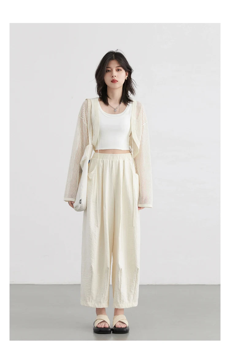 White Pants Casual Elastic High Waisted Womens