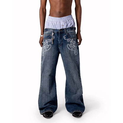 Men/Women Bootcut Jeans Vintage Washed Embroidery Pants
