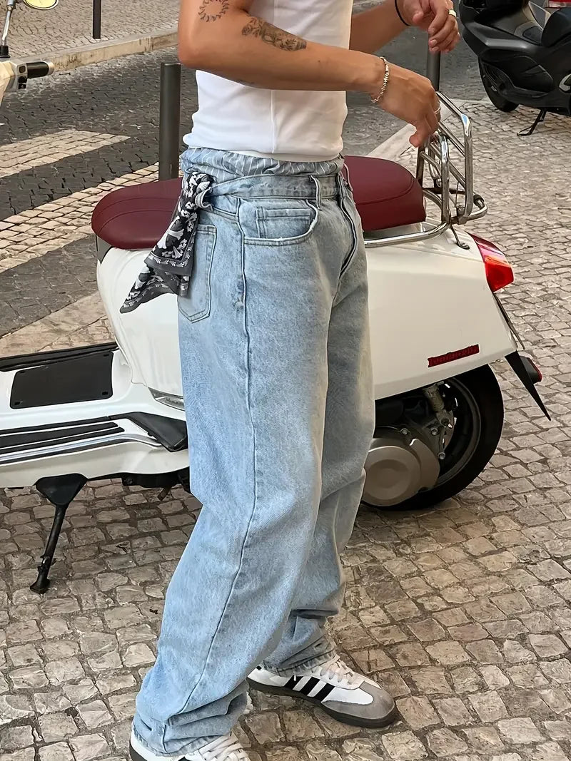 Men'S Vintage Washed Blue Loose Fit Jeans